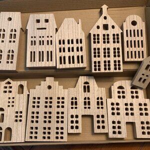 Holiday Christmas Village houses - 10 Pcs House Shaped Wooden Sign Block